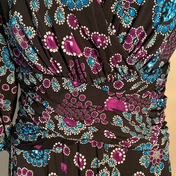 Clues Collection Black Jewel Print Long Sleeve Stretch Maxi Wrapped Dress V Neck - Picture 4 of 8